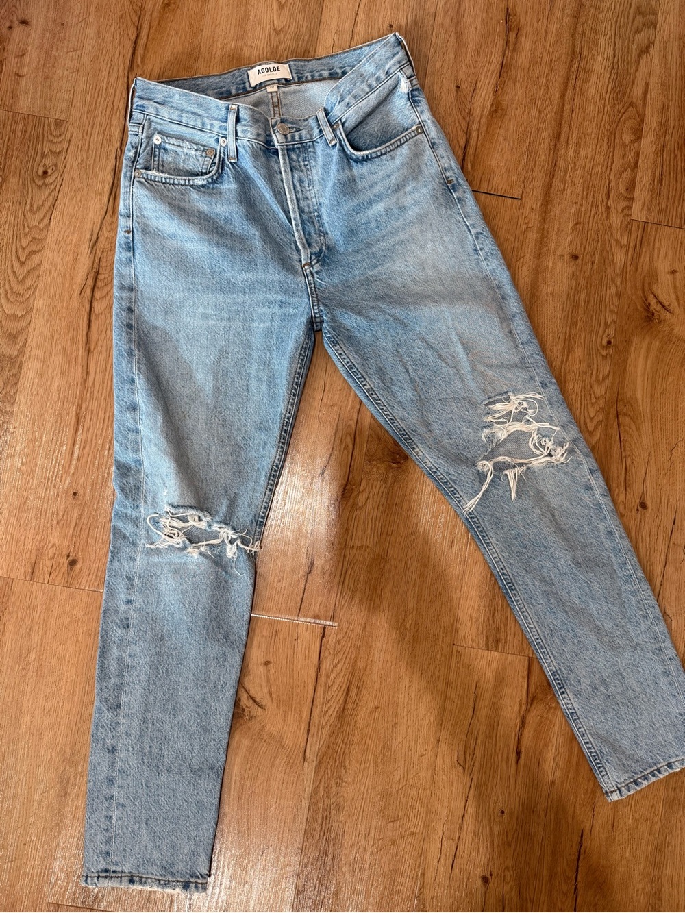 Agolde Light Blue Distressed Straight-Leg Jeans